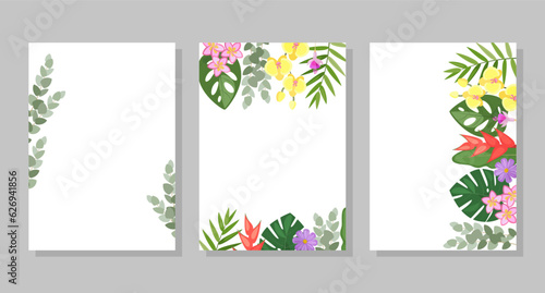 Set of tropical flower compositions  backgrounds  frames  postcards. Vector botanical illustration for booklet  invitation or flyer.