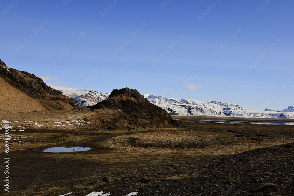 View on a mountain not far from of the village of Vík í Mýrdal located in the south of Iceland