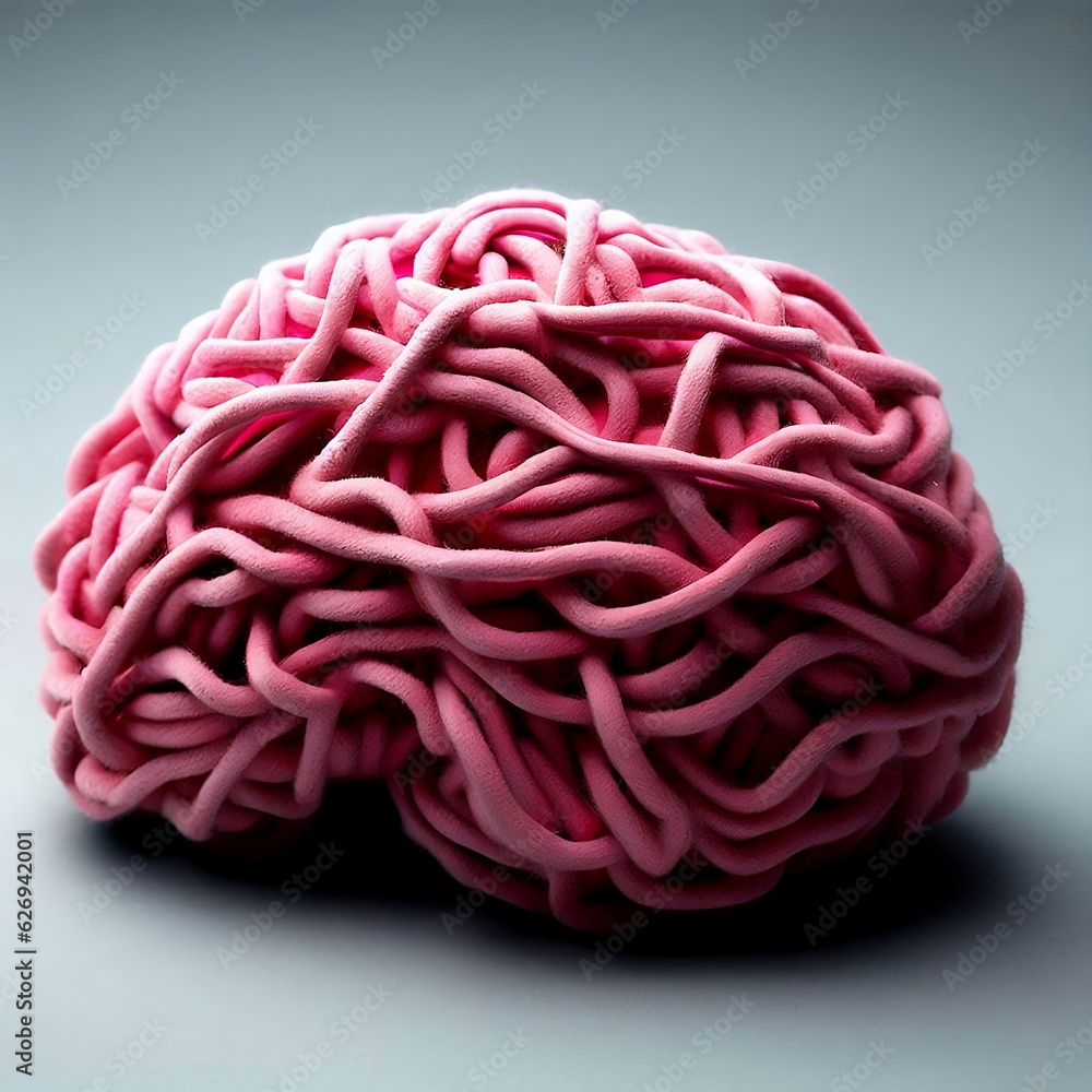 Brain made with a tangle of pink woolen threads