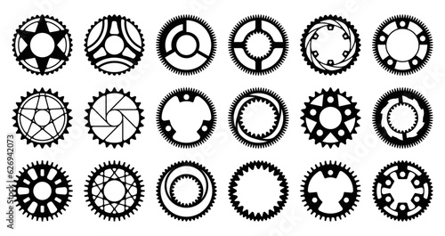 Bicycle cogwheel. Cyclic gear system black elements silhouette for bicycle, circular disk mechanism for gear chain. Vector collection. Sport components for bike equipment isolated set