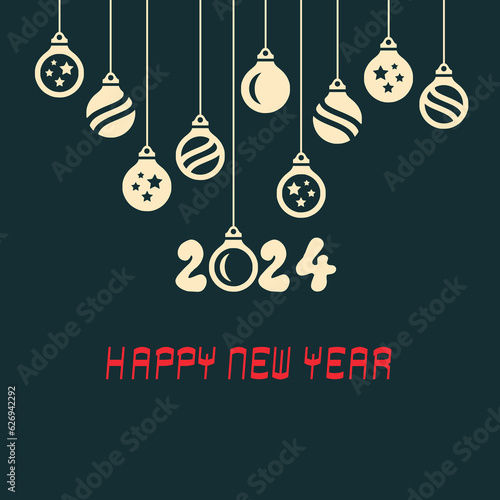 Square wish card 2024 written in English in red font with golden Christmas  balls on a green background