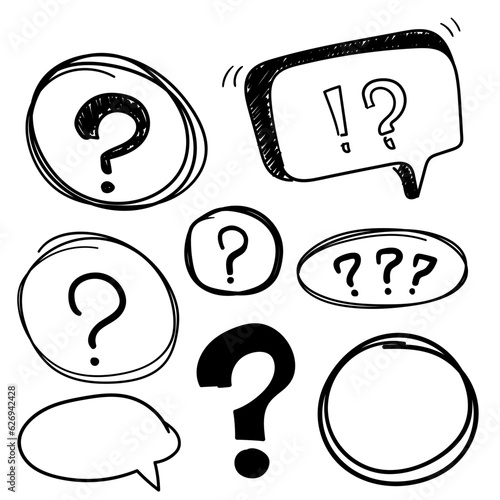 Set hand drawn rectangle, circle, oval and quote box frame, question mark, felt-tip pen objects. Vector doodle elements.