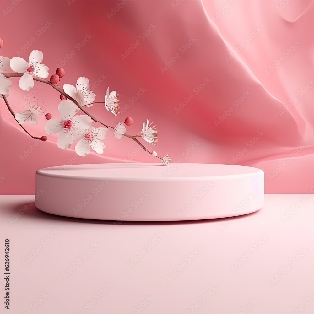 3d Japanese style minimal background. pink podium and cherry blossom background for product presentation. 3d Japanese style minimal background. pink podium and cherry blossom background for product presentation.