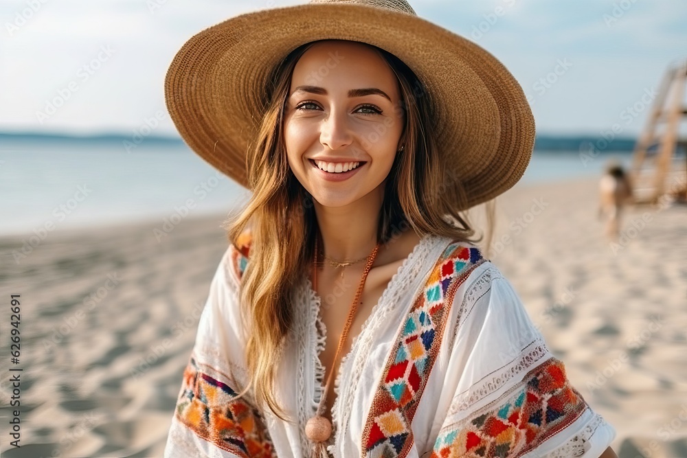 Pretty attractive slim smiling woman at sunny beach