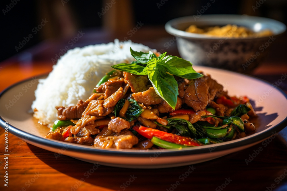 Pad krapow or Thai Basil Stir-Fry which is a flavorful and aromatic Thai dish made with stir-fried pork., very spicy, Thai Basil Pork Stir-Fry, Original Pad kra pao Pad krapow or Thai Basil Stir-Fry which is a flavorful and aromatic Thai dish made with stir-fried pork., very spicy, Thai Basil Pork Stir-Fry, Original Pad kra pao
