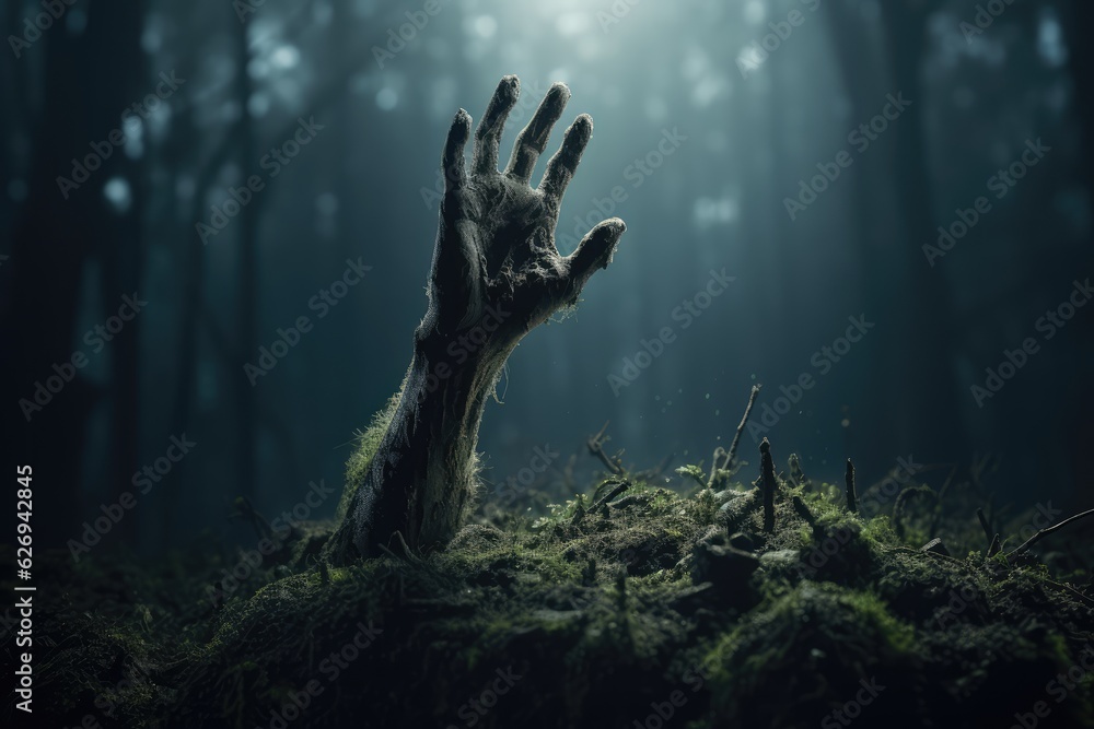 Creepy Zombie Hand Reaching Out from a Grave Helloween AI Generated