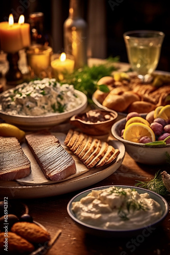 A Lavishly Decorated Table for Swedish Midsummer Celebration  Laden with Delectable Swedish Delicacies - AI generated