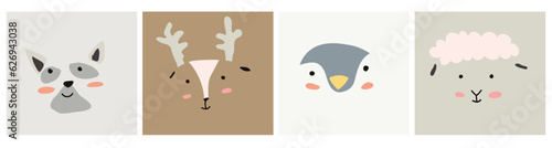 set of simple portraits or face different animals dog, deer, penguin, lamb