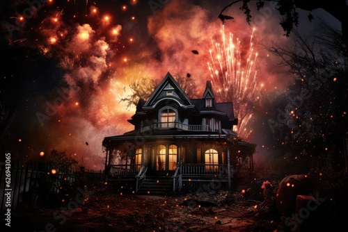 Halloween Fireworks Over a Spooky House - AI Generated