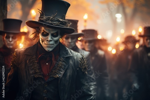 Halloween Parade: People Marching in a Street in Costumes - AI Generated