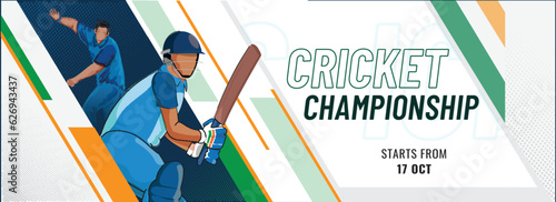 Cricket Championship Banner or Header Design with Illustration of Faceless Batter Player and Bowler in Playing Pose on Abstract Background.