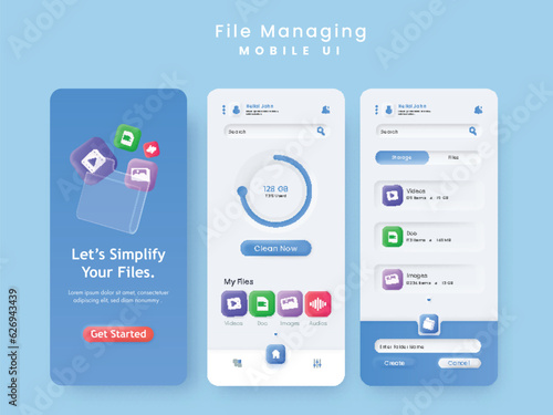 File Managing Mobile App UI Kit in Blue and White Color for Responsive Website.