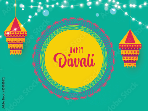 Happy Diwali Greeting Card with Hanging Lanterns (Kandeel) and Lighting Garland Decorated on Aqua Green Background. photo