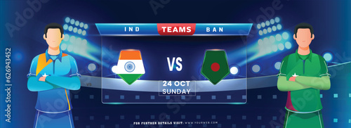Cricket Match Between India VS Bangladesh Team with Faceless Cricket Players on Blue Stadium Lighting Background.