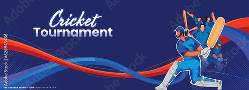 Print op canvas Cricket Tournament Banner or Header Design with Illustration of Faceless Cricket Players Team and Abstract Waves on Blue Background