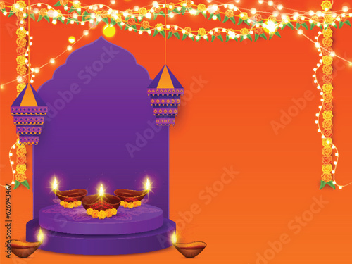 Illuminated Oil Lamps (Diya) with Hanging Lanterns (Kandeel), Floral Garland (Toran), Lighting Decorated on Purple and Orange Background with Copy Space.