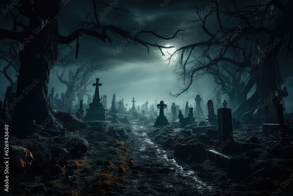 Spooky Graveyard at Night with Fog and Full Moon - AI Generated Stock ...