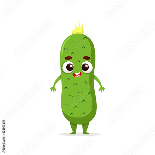 Funny cartoon cucumber. Kawaii vegetable character. Vector food illustration isolated on white background