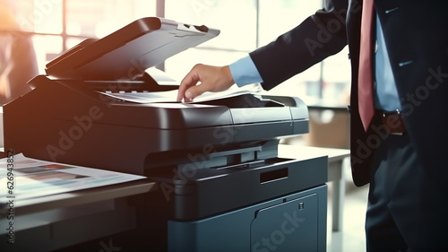 Photocopier, office worker press copy button on control panel to use copier or copier for scanning documents. generative AI