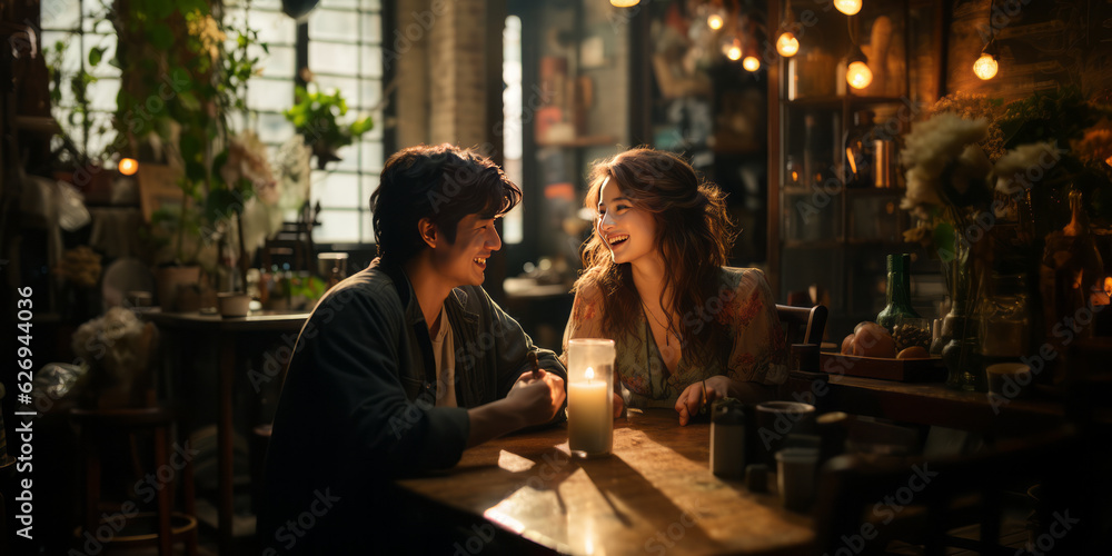 girl hanging out with boy in cafe.They are laughing and having fun.