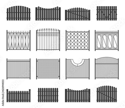 Black fence collection. Farm palisade, country garden wall, security private fence, yard protection. Vector isolated set. Boundary ironwork construction, black outdoor wrought gate