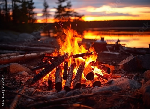 a bonfire with sunset on the lake