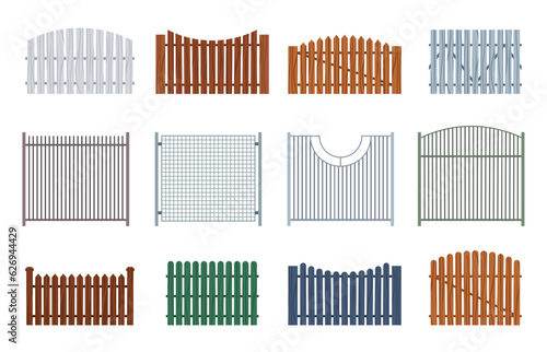 Wooden and metal fence. Barbed wire and board netting, horizontal and vertical boundary elements, farm and garden security constructions. Vector illustration. Rural territory, yard protection