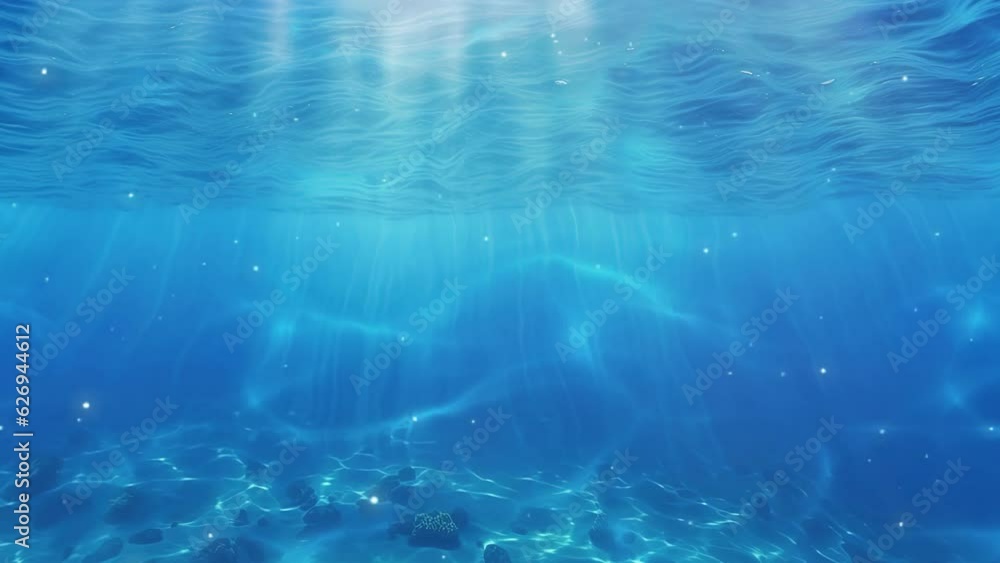 Underwater slow motion shot of sun rays shining through the surface of the clear blue peaceful ocean. HD video animation 4K Underwater slow motion shot of sun rays shining through the surface of the clear blue peaceful ocean. HD video animation 4K
