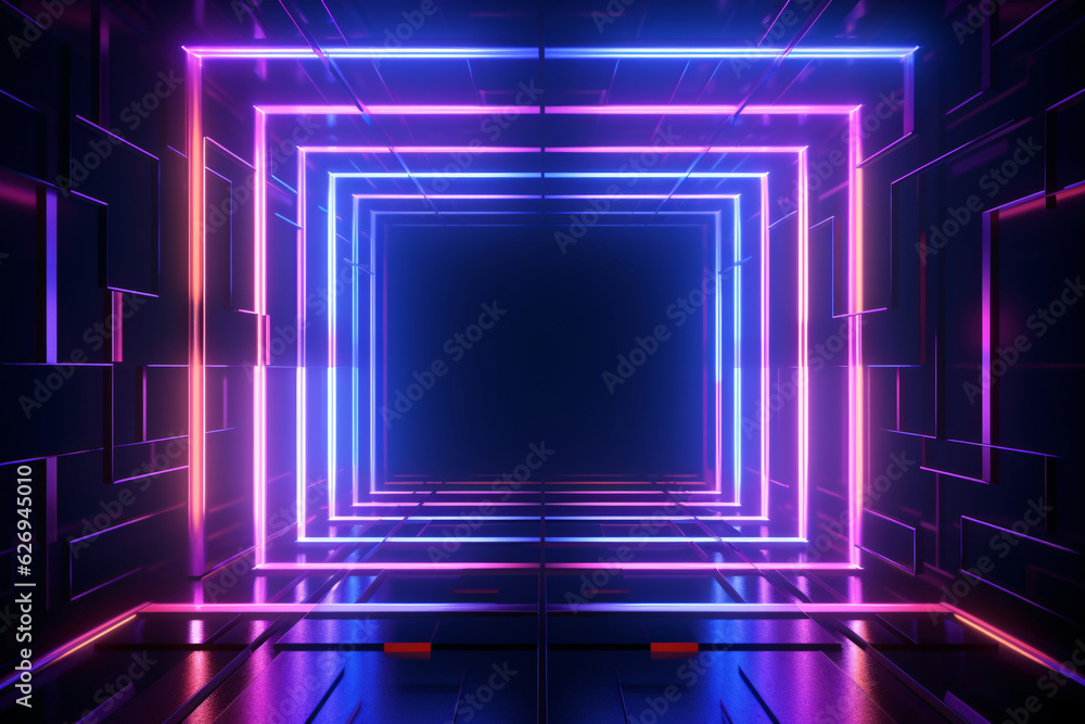 Abstract neon light geometric background. Glowing neon lines. Empty futuristic stage laser. Colorful rectangular laser lines. Square tunnel. Night club empty room. Laser show design. Abstract neon light geometric background. Glowing neon lines. Empty futuristic stage laser. Colorful rectangular laser lines. Square tunnel. Night club empty room. Laser show design.