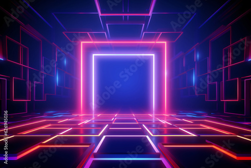 Abstract neon light geometric background. Glowing neon lines. Empty futuristic stage laser. Colorful rectangular laser lines. Square tunnel. Night club empty room. Laser show design.