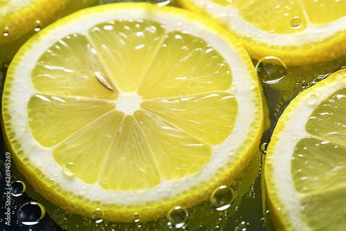 Fresh lemon slices with drops close up generated by AI