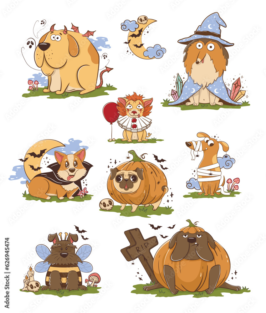 Fototapeta premium Funny cartoon poro dogs in halloween costumes. Scary funny character for halloween. Vector illustration of pets