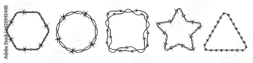 Barb wire shapes. Black barbed wire silhouettes, military boundary protection signs, school security fence and jail border. Vector isolated collection. Circle, square and star forms with spikes