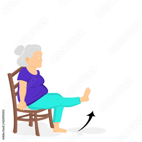 Side view of fat elderly woman wearing sportswear is sitting on brown chair to exercise.Grandma sitting with right leg raised up workout.Vector illustration isolate flat design of healthy old age-man.