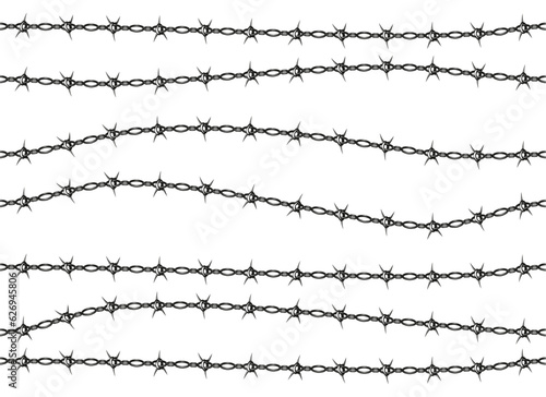Barbed wire fence pattern. Seamless security border spike silhouette, army military protection frame and line design. Vector set. Dangerous metallic construction for safety, steel boundary
