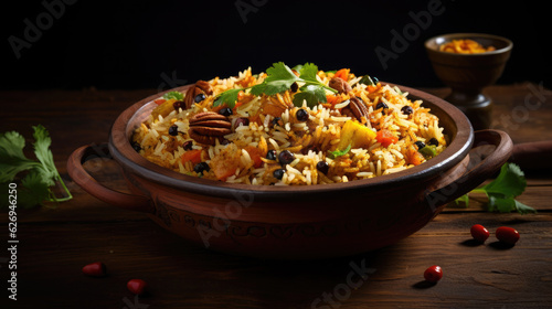 Delicious and spicy indian meat biryani in traditional pot photo