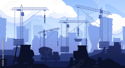 Panoramic construction with machinery. Earth moving equipment, dump truck crane loader, mining vehicle flat style. Vector isolated illustration. Industrial machinery for building, house development