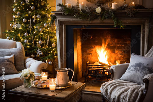 Christmas, holiday decor and country cottage style, cosy atmosphere, decorated Christmas tree in the English countryside house living room with fireplace, interior decoration
