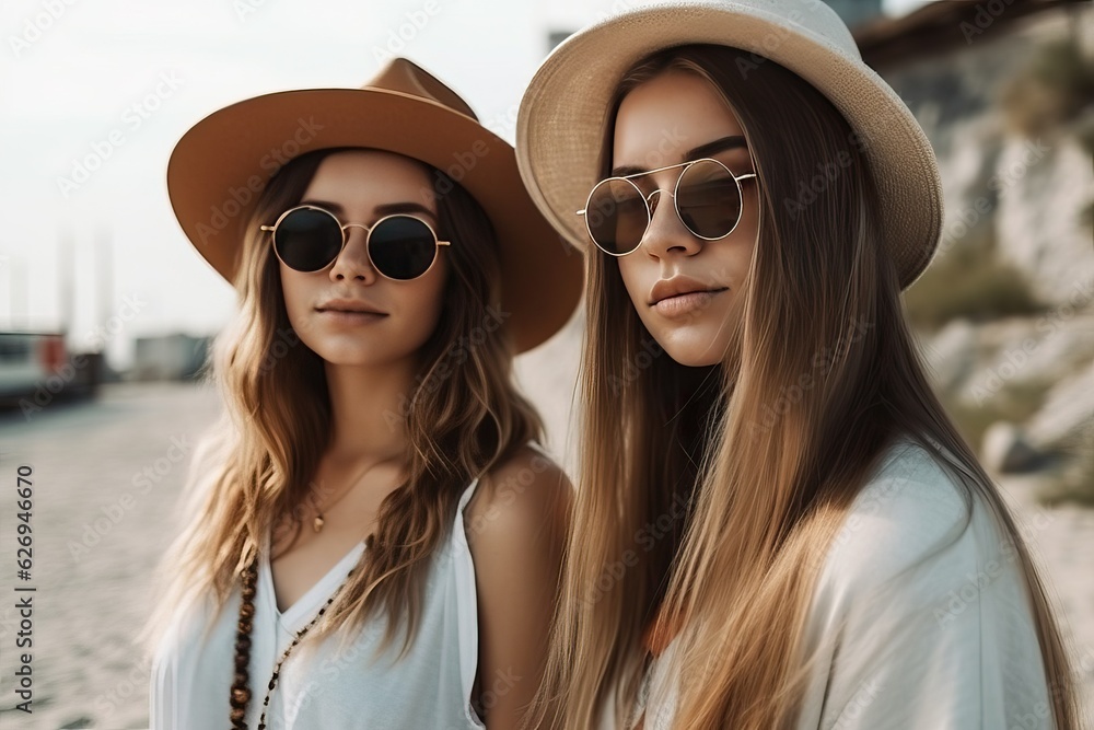 Young girl couple travel summer vacation, friend trip Young girl couple travel summer vacation, friend trip