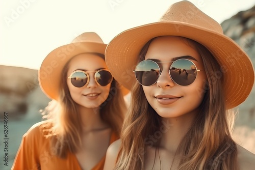 Young girl couple travel summer vacation, friend trip
