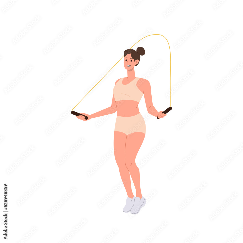 Young fitness woman character jumping on skipping rope enjoying active lifestyle and morning workout Young fitness woman character jumping on skipping rope enjoying active lifestyle and morning workout