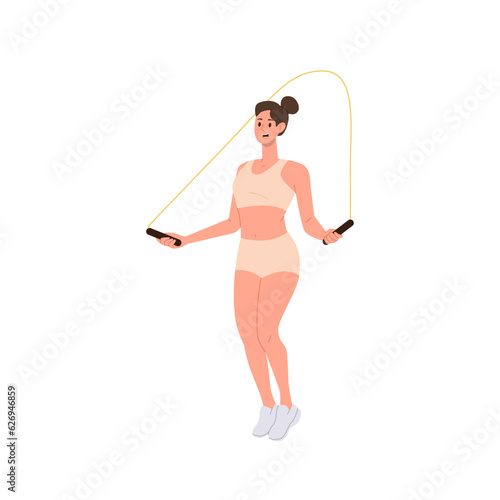 Young fitness woman character jumping on skipping rope enjoying active lifestyle and morning workout