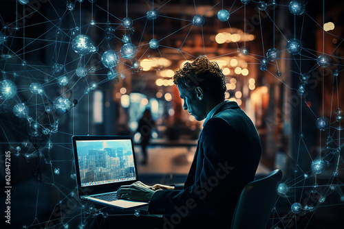 Business man in front of computer with abstract digital technology with polygonal network connection lines. Generative AI