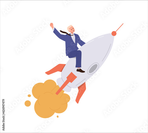 Successful businessman cartoon character flying on rocket forward to goal and new opportunities