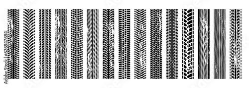 Grunge automobile tracks. Black rubber tire marks and tread marks for auto and moto racing. Vector isolated collection. Vehicle dirty trace, transport wheels driving prints black design