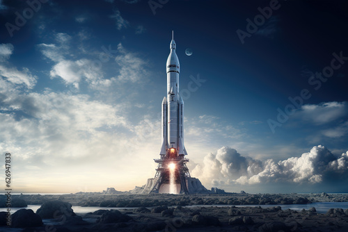 Rocket taking off from the Moon, future space exploration, AI generated concept.