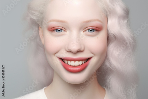 Portrait of happy woman with white hair and white lashes caused by Albinism