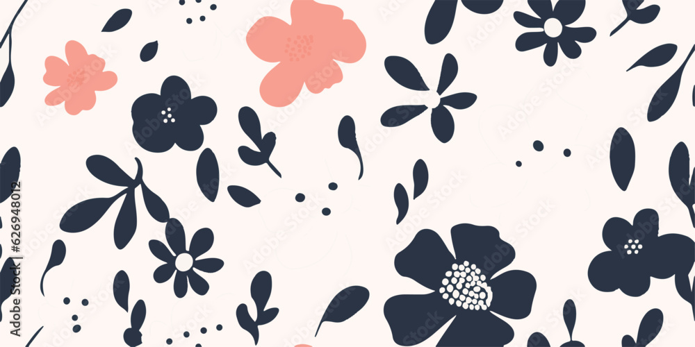 Fototapeta premium Hand drawn abstract cute flowers simple pattern. Collage contemporary print. Fashionable template for design