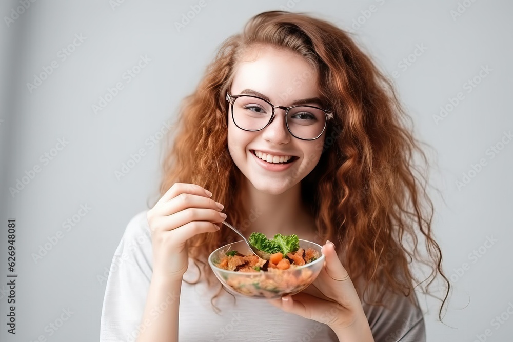 Woman eating salad, happy healthy eat vegetable 