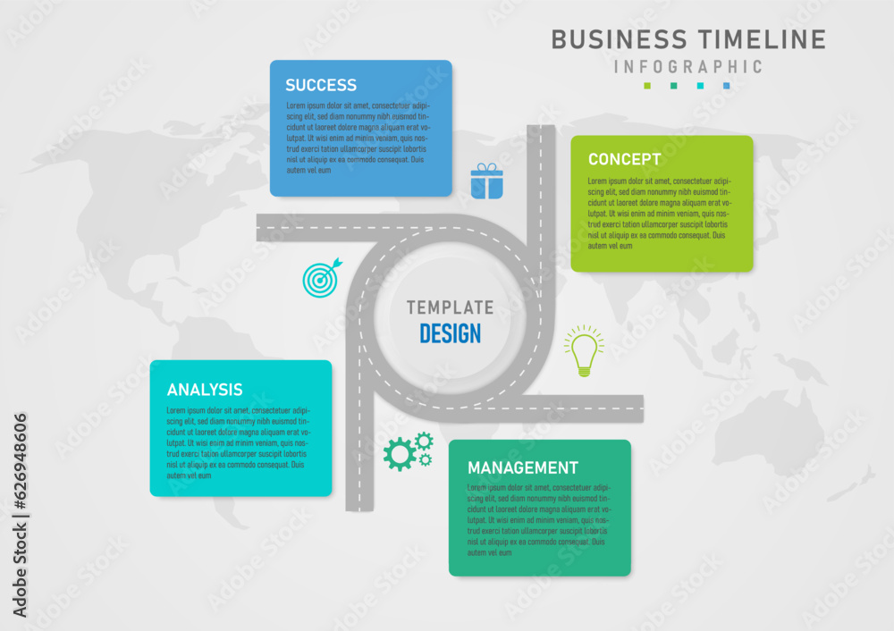 4 step business planning infographic The gray circular road in the center has buttons and letters inside. A square frame with letters in the center outside. Map below with a gray gradient background. 4 step business planning infographic The gray circular road in the center has buttons and letters inside. A square frame with letters in the center outside. Map below with a gray gradient background.